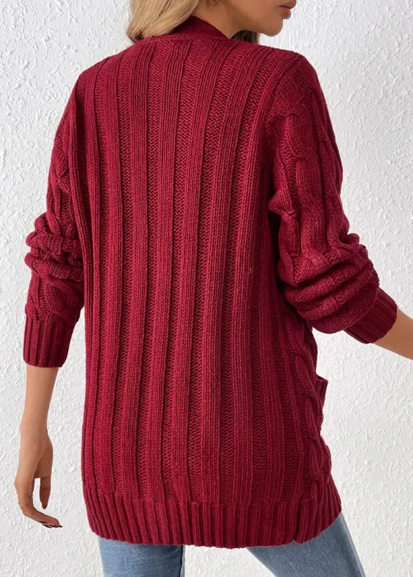 Wine Red Button Long Sleeve V Neck Cardigan