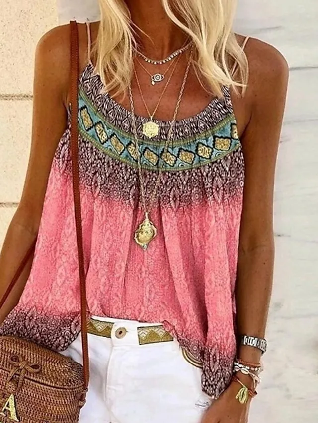 Women's Plus Size Boho Shirt Tank Top Camisole Summer Tops Geometric Sexy Holiday Beach Yellow Pink Sleeveless Boho Strap