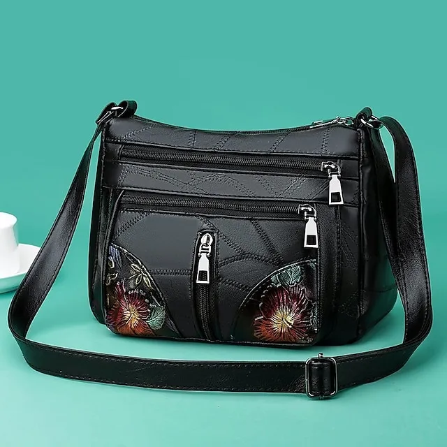 Women's Crossbody Bag Shoulder Bag Hobo Bag PU Leather Outdoor Daily Holiday Embroidery Zipper Large Capacity Waterproof Lightweight Solid Color Flower Folk Black