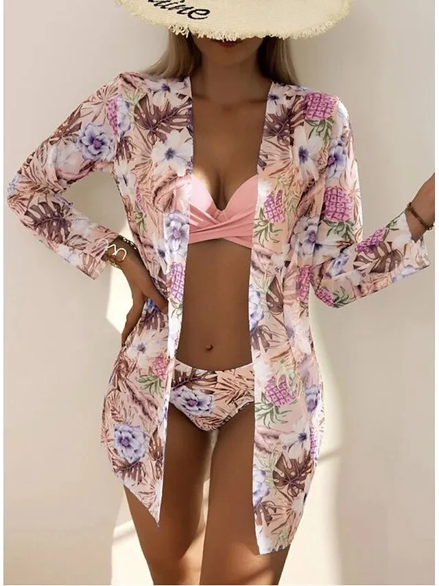 Women's Swimwear Bikini Three Piece Normal Swimsuit 2 Piece Open Back Sexy Printing Leaves Pink Blue Orange Green V Wire Bathing Suits New Vacation Fashion