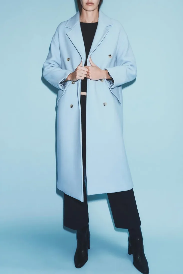 Front Buttons Lapel Coat in Light Blue