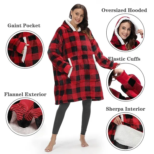 Women's Christmas Couple‘s Pajamas Nightgown Hoodie Blanket Wearable Blanket Grid / Plaid Pure Color Plush Simple Comfort Xmas Home Party Fleece Warm Gift Patchwork Pocket Fall Winter Black Gray