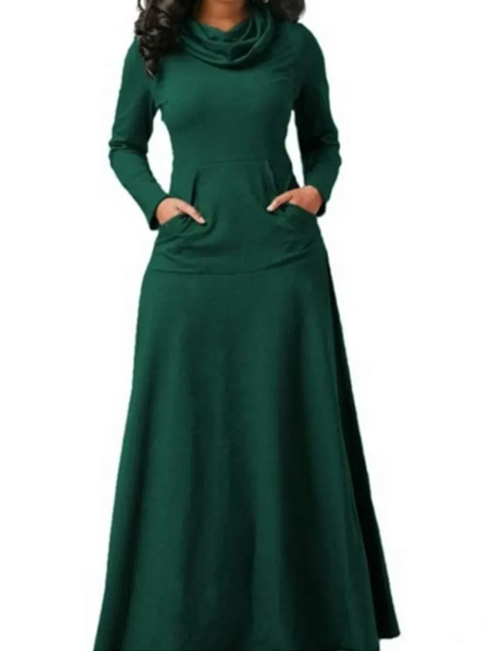 Casual Cowl Neck Pocket Long Sleeve Plain Maxi Dress