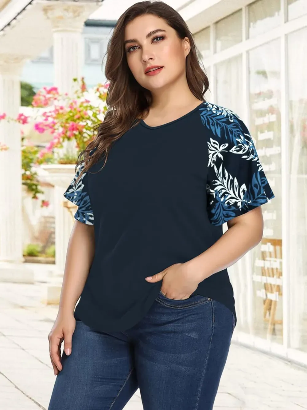 HDLTE Womens Plus Size Tops Floral Bell Sleeves Blouses Summer Crewneck Tunic Loose Casual T Shirts