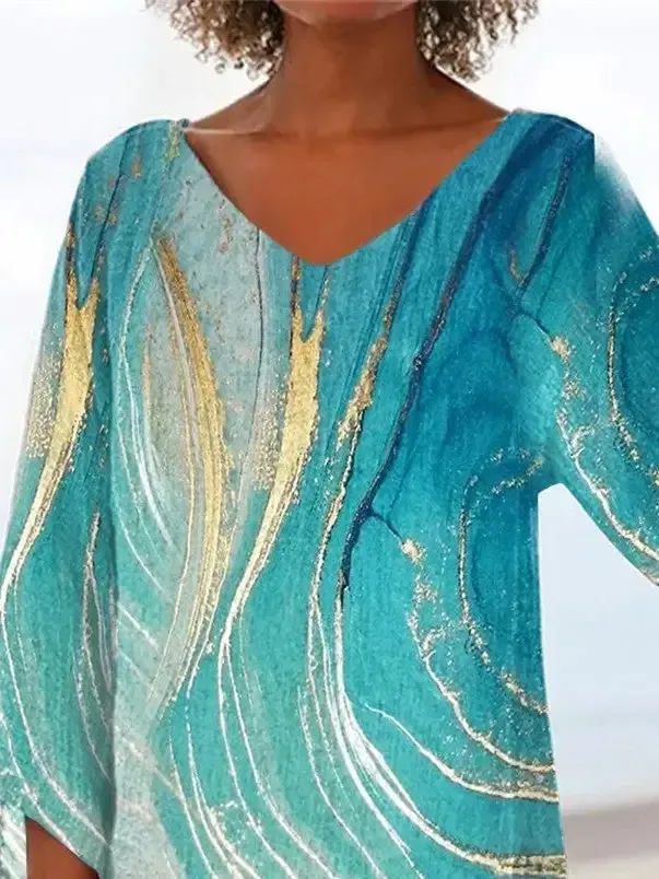 Women Asymmetrical 3/4 Sleeve V-neck Printed Striped Top Dress