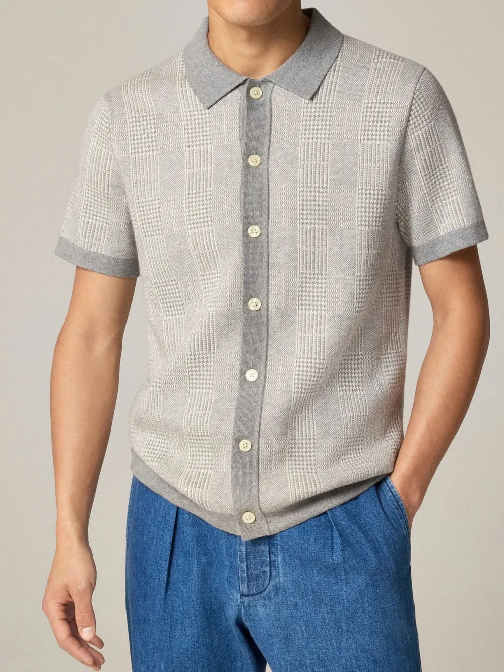 Light Gray Short Sleeve Button Front Knit Sweater