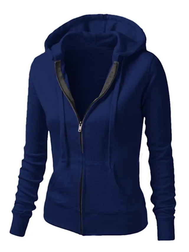 Women's Casual Jacket Hoodie Jacket Warm Pocket Zipper Hoodie Casual Solid Color Regular Fit Outerwear Long Sleeve Fall Spring Black Blue Pink Daily Going out M L XL