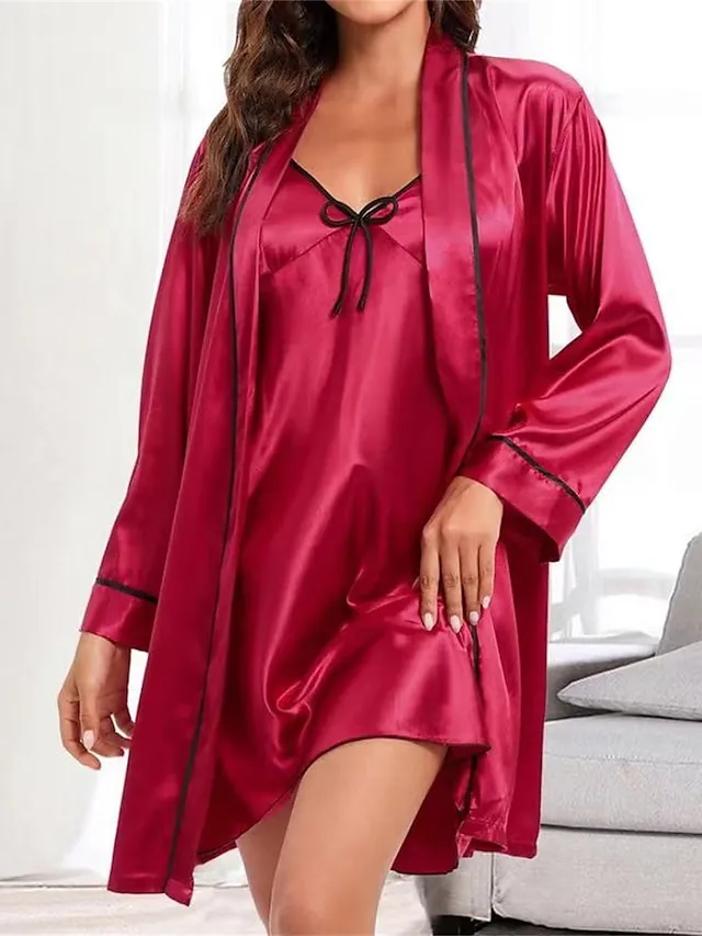 Women's Pajamas Robes Gown Nightshirt Dress 2 Pieces Pure Color Fashion Casual Soft Home Daily Bed Polyester Breathable Straps Long Sleeve Summer Fall Black Pink