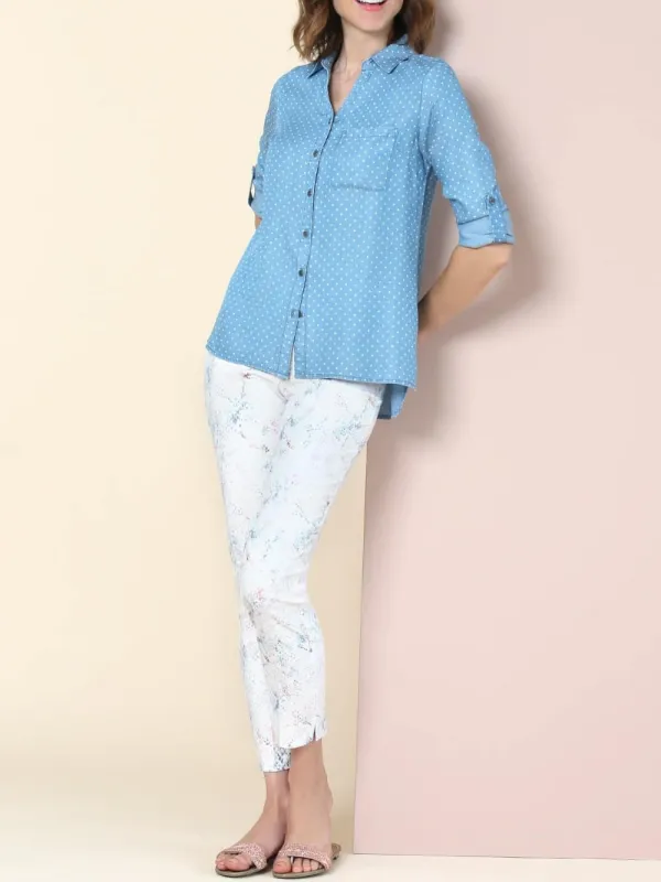 Light Blue Polka - Dot Roll - Sleeve Shirt