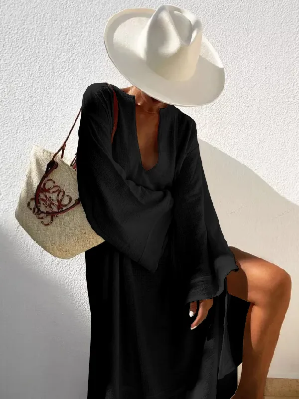 Vacation Flared Sleeves Solid Color Deep V-Neck Midi Dresses