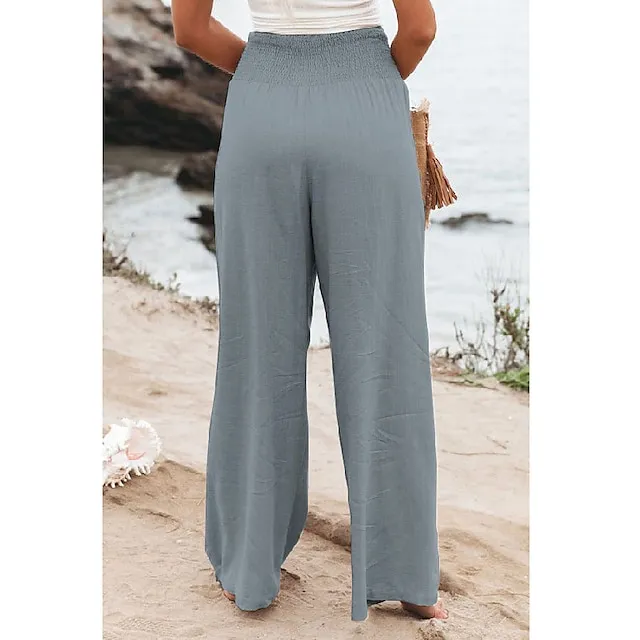 Women's Wide Leg Linen Pants Trousers Full Length Cotton Baggy Micro-elastic High Waist Fashion Casual Daily Vacation Apple Green Black S M Autumn / Fall