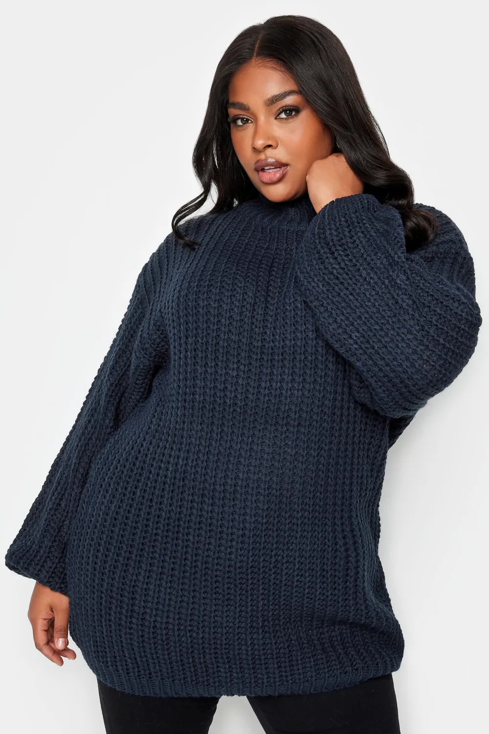 YOURS Curve Navy Blue Funnel Neck Oversized Knitted Jumper