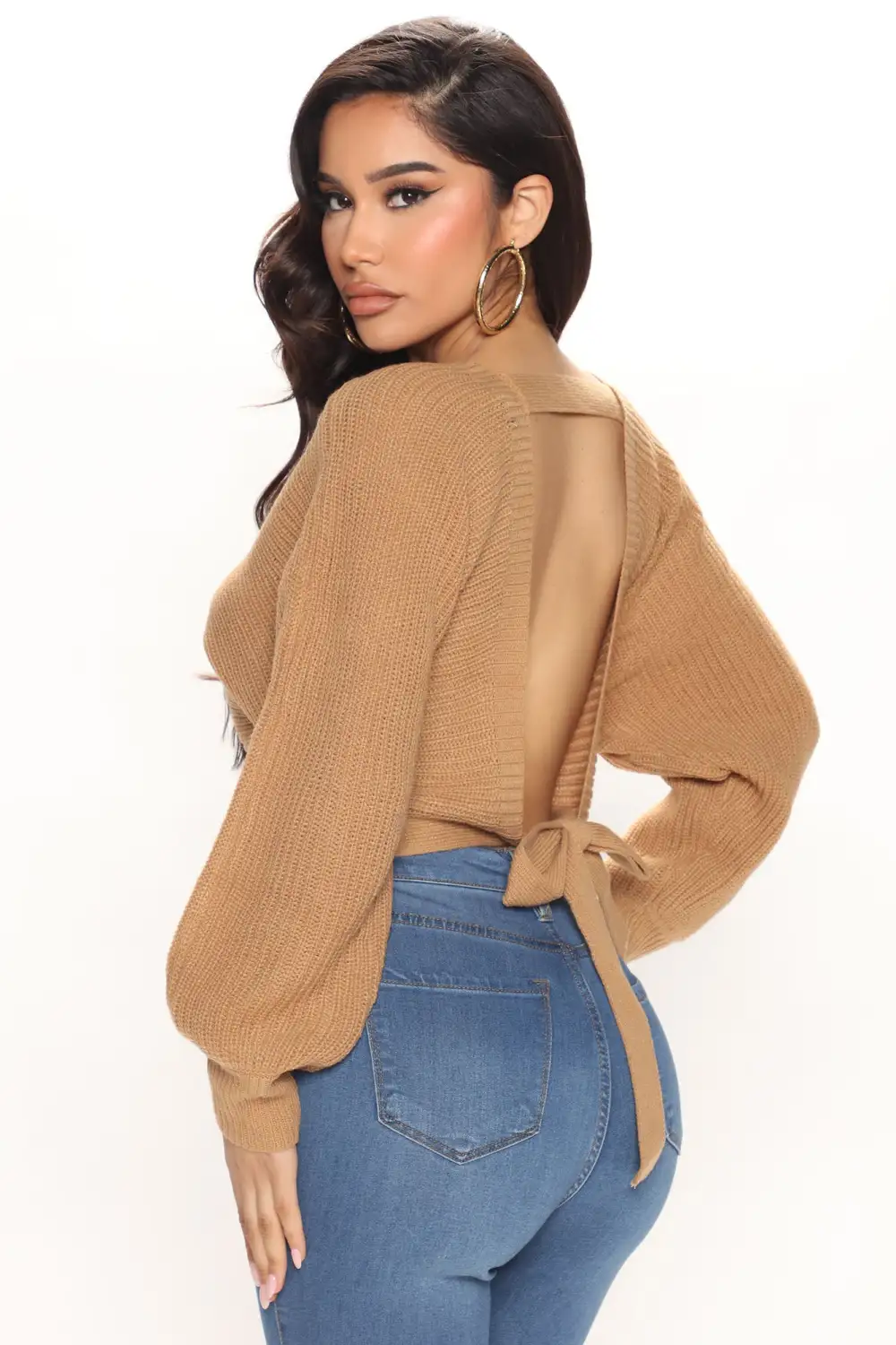 Double Fun Tie Back Sweater Top - Camel