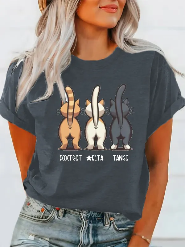 Women'S T-Shirt Female Cat FDT Print Casual T-Shirt Pattern Printed Pure Cotton Round Collar