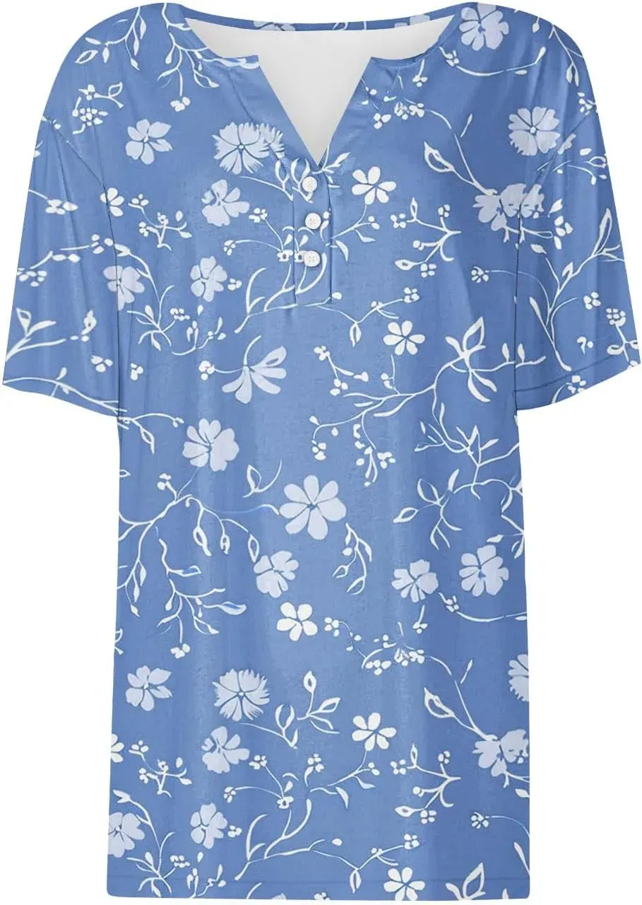 Shirts for Women Casual Printed Summer Tops Short-Sleeved Button V-Neck Tops Blouse Fashion Boho T-Shirts