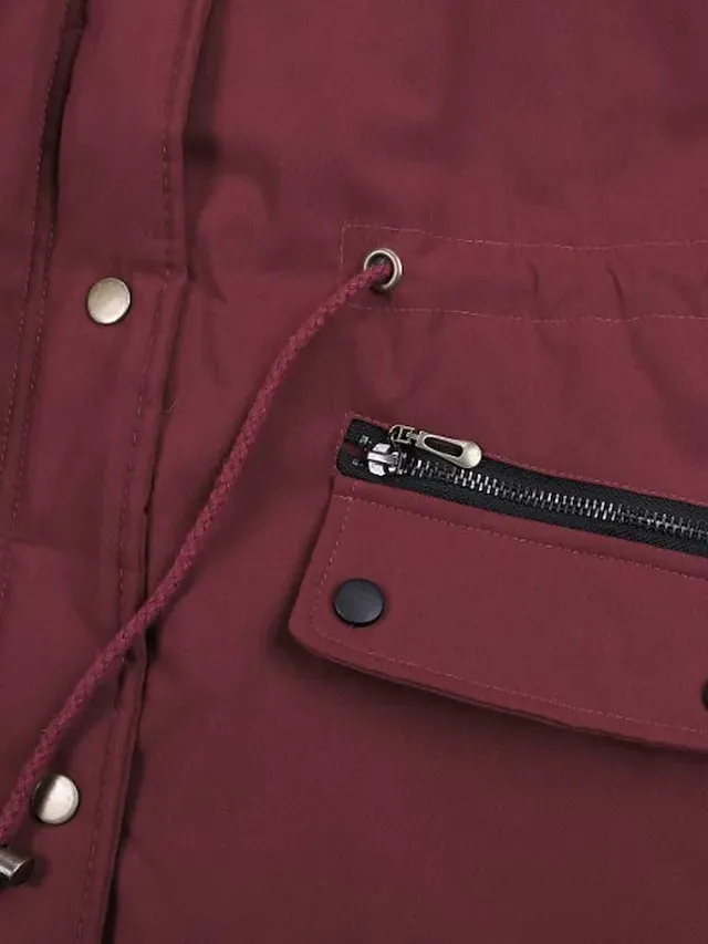 Women's Parka Fleece Lined Puffer Jacket Thicken Winter Coat with Fur Collar Hood Thermal Warm Heated Jacket with Pockets Fall Windproof Zipper Drawstring Outerwear Long Sleeve