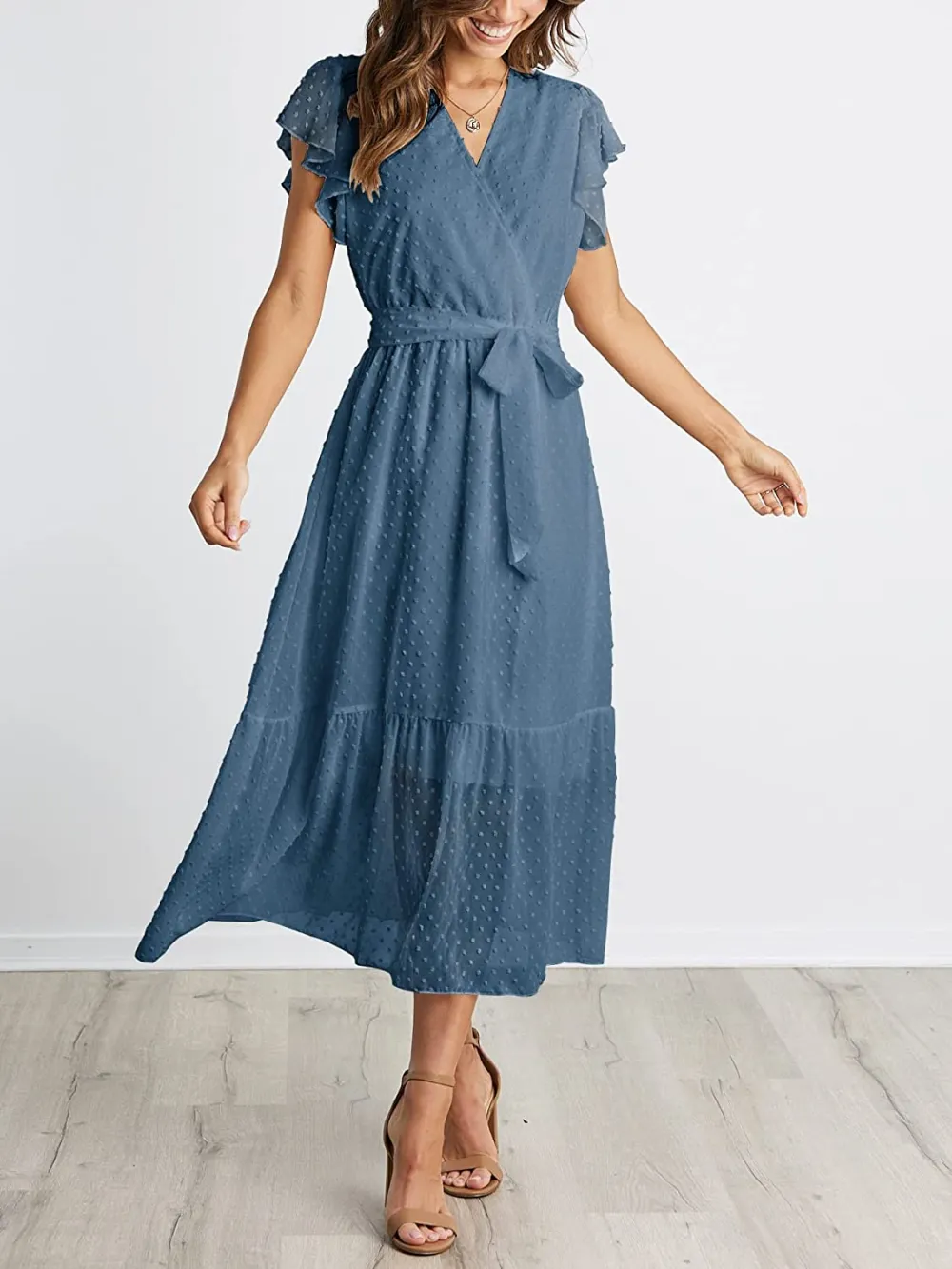 Women Summer Bohemian Floral Casual Wrap V Neck Ruffle Cap Sleeveless Belt A-Line Pleated Hem Swing Midi Sun Dress