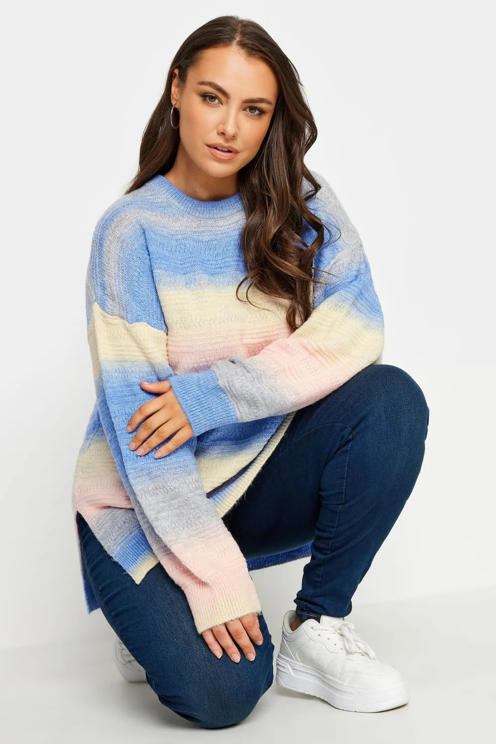 YOURS Curve Blue Stripe Side Split Knitted Jumper