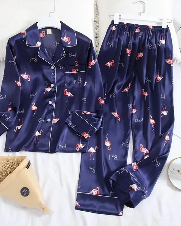 Long Sleeve Pajamas Ice Silk Printing Fashion Sleepwear Set