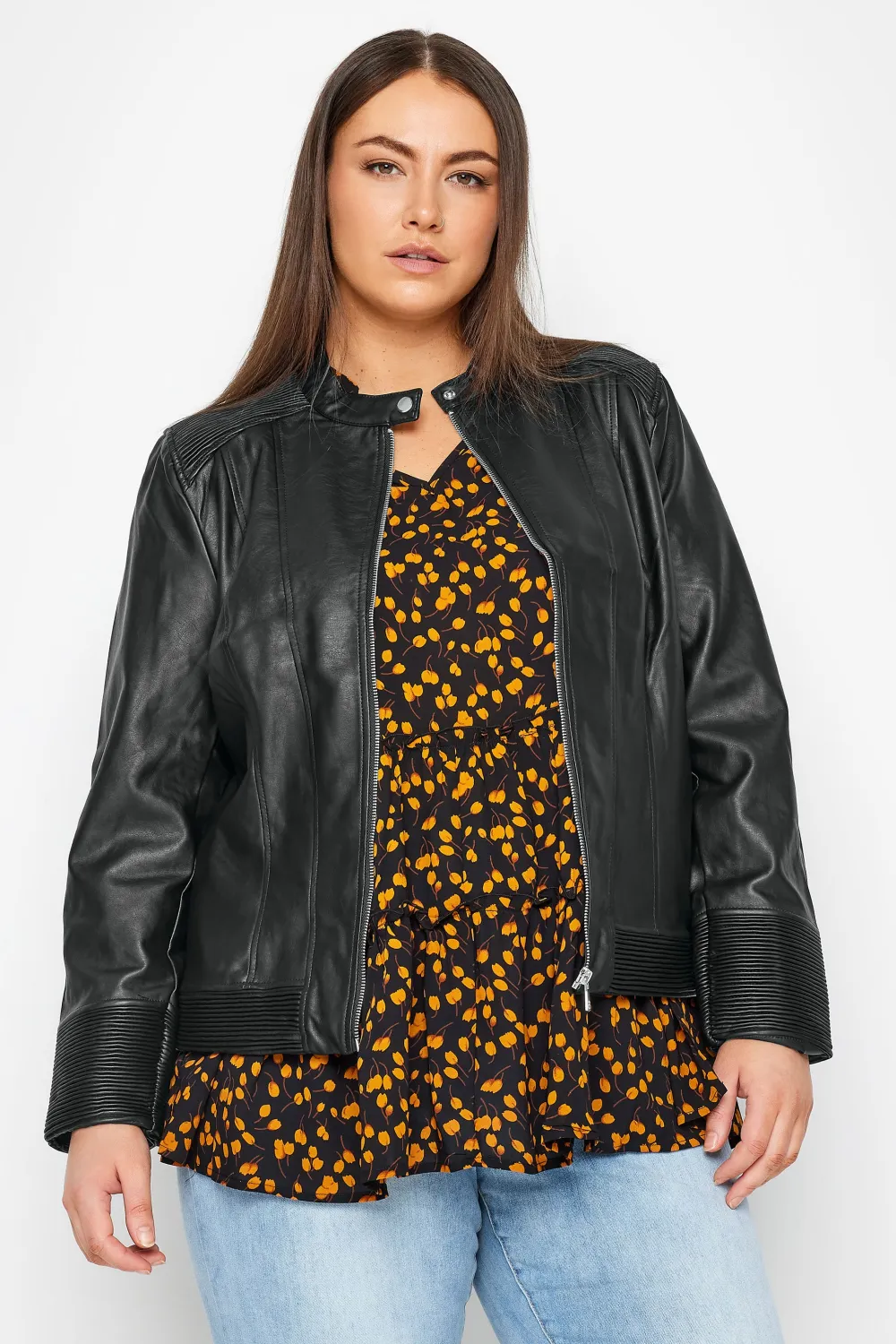 Evans Faux Leather Ribbed Biker Jacket