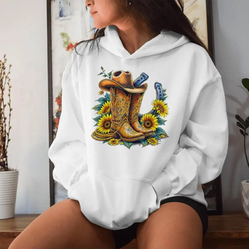 Western Cowboy Boots Floral Rope Hat Sunflower Horseshoe Women Hoodie