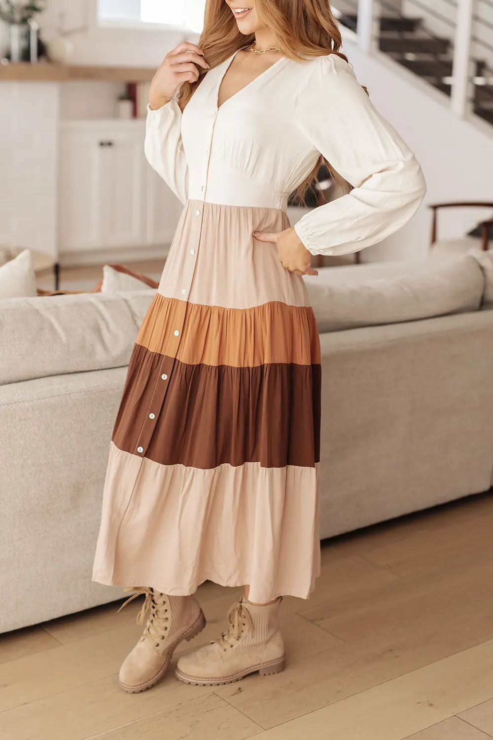 All-Match Temperament Color Blocking V-Neck Dress