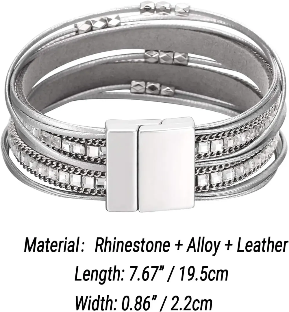 Fesciory Leather Wrap Bracelets for Women, Boho Leopard Multi-Layer Crystal Beads Cuff Bracelet Jewelry