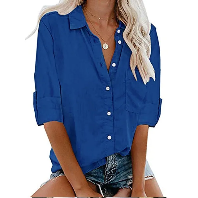 Women's Shirt Blouse Black White Wine Plain Long Sleeve Work Daily Basic Business Elegant Shirt Collar Regular Cotton Loose Fit S