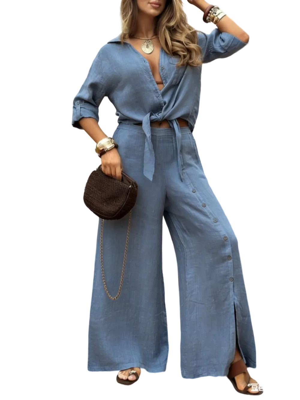 🔥 Women's Loose-Fit Long Sleeve Shirt & Wide Leg Pants Set