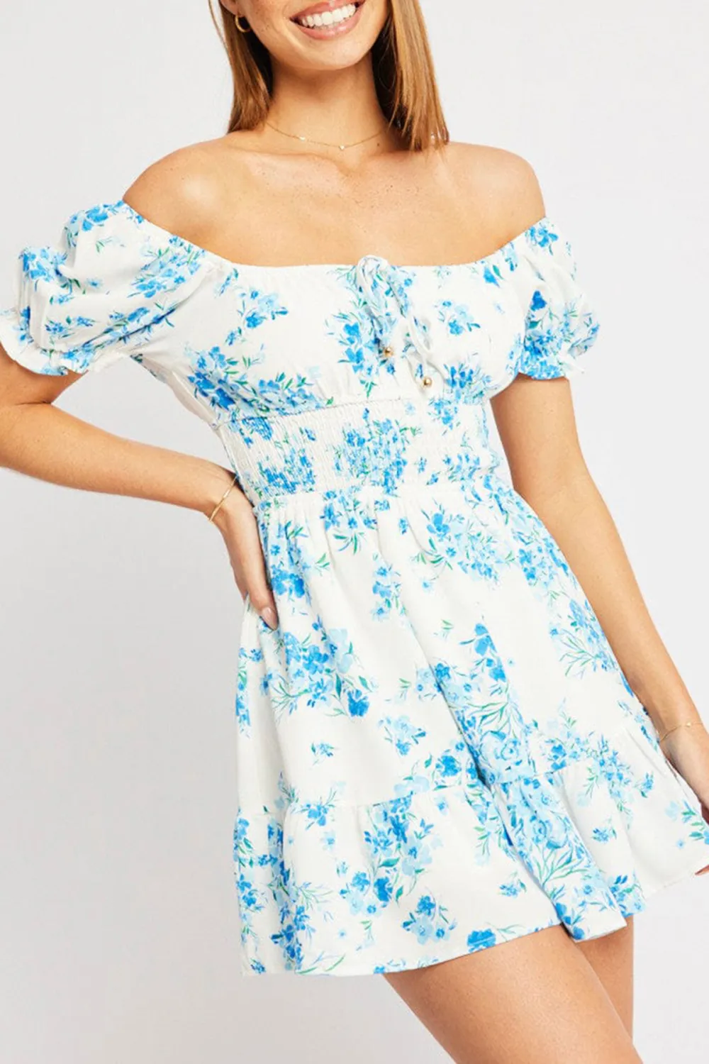 Blue Floral Fit And Flare Dress Mini