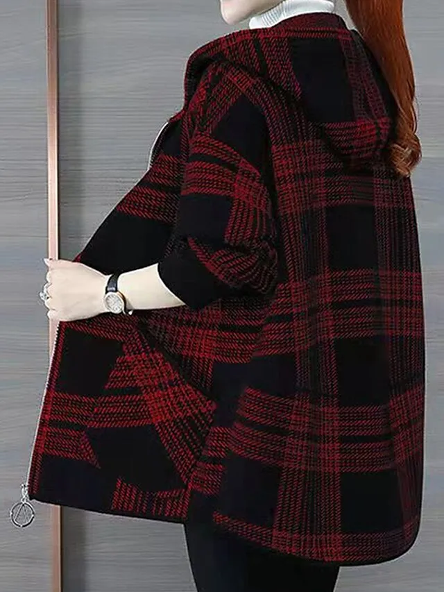 Women's Hoodie Jacket Fall Zip up Sweatshirt Plaid Print Winter Cropped Coat Windproof Warm Casual Jacket Long Sleeve Plaid with Pockets Black