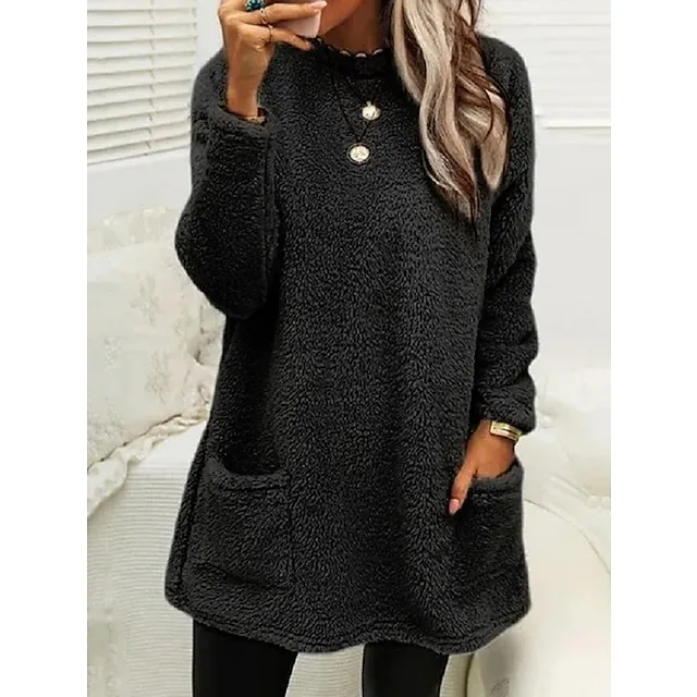 Women's Sweatshirt Pullover Sherpa Fleece Teddy Pocket Marron Black Blue Solid Color Street Casual Round Neck Long Sleeve Fleece S M L XL 2XL 3XL