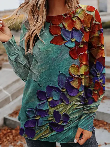 Crew Neck Floral Casual Sweatshirt