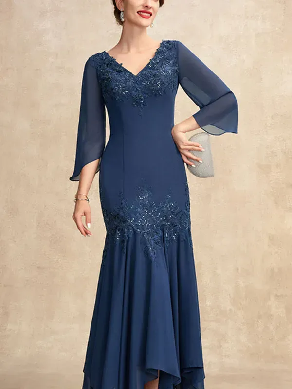 V-neck Ankle-Length Chiffon Mother of the Bride Dress With Appliques Lace Sequins