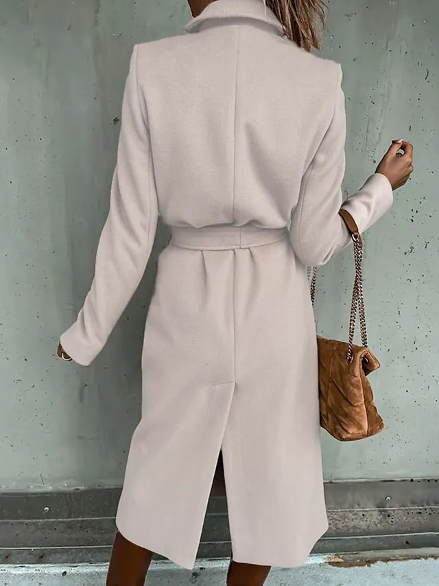 Women's Winter Coat Coat Daily Going out Fall Winter Long Coat Regular Fit Thermal Warm Casual Jacket Long Sleeve Solid Color Lace up Black White Khaki