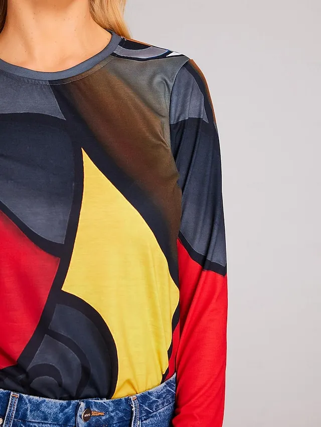 Women's Plus Size T shirt Tee Graphic Geometric Casual Holiday Red Blue Gray Print Long Sleeve Vintage Ethnic Round Neck Fall & Winter