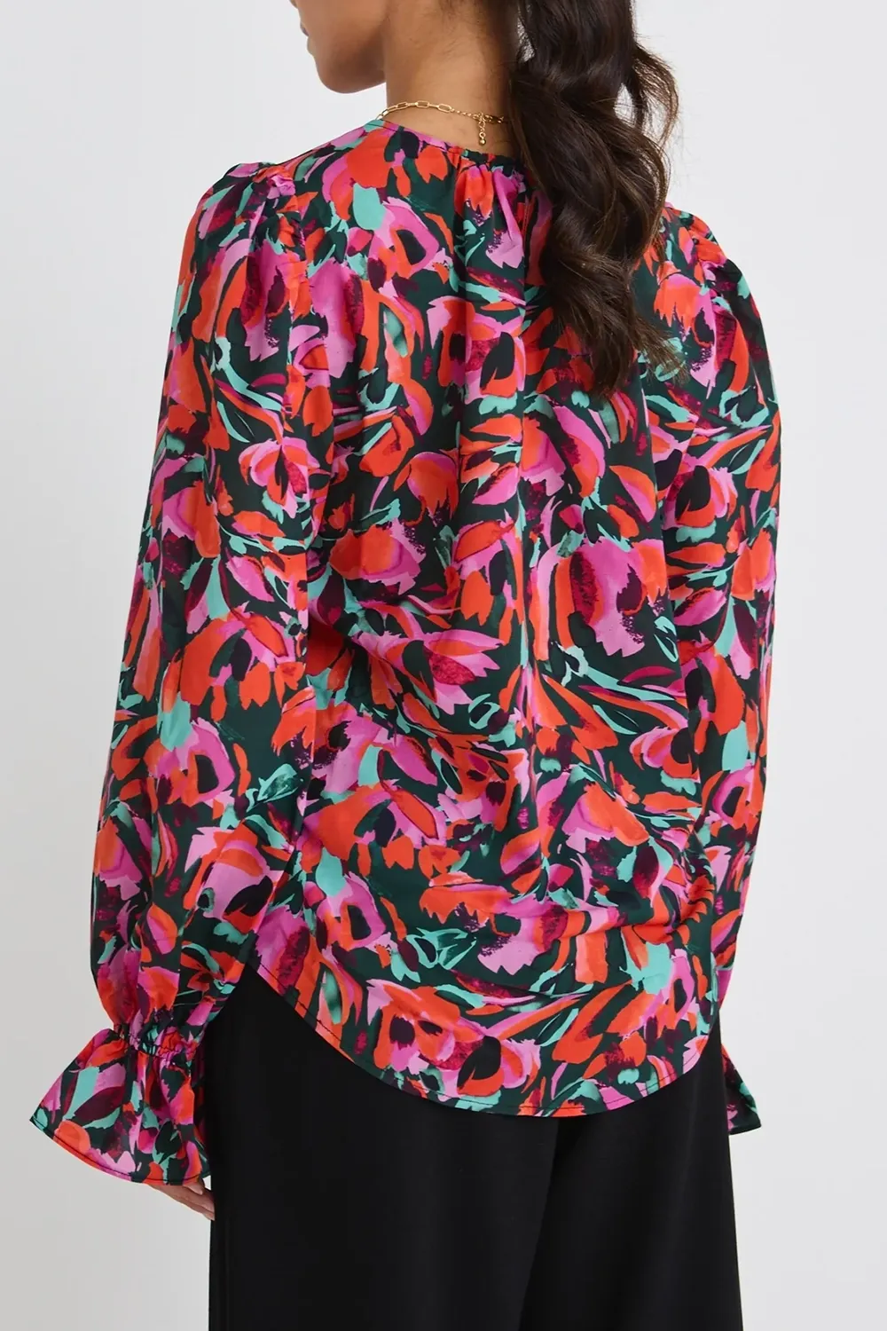 Floral Print Ruched Long - Sleeve Blouse
