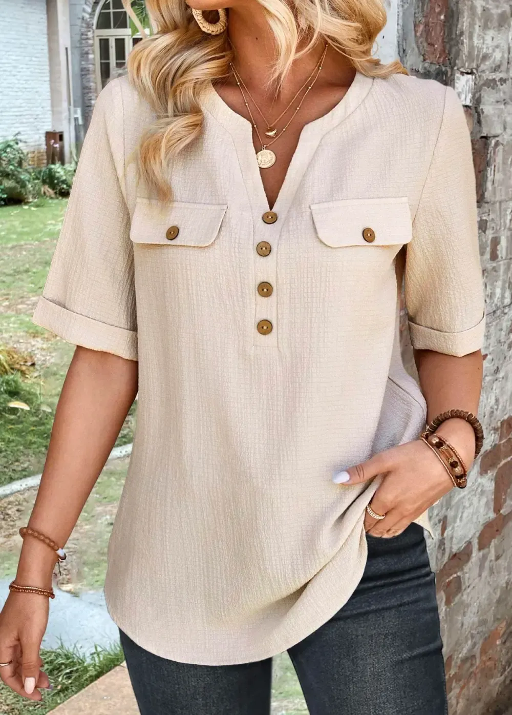 Light Camel Button Half Sleeve Split Neck Blouse