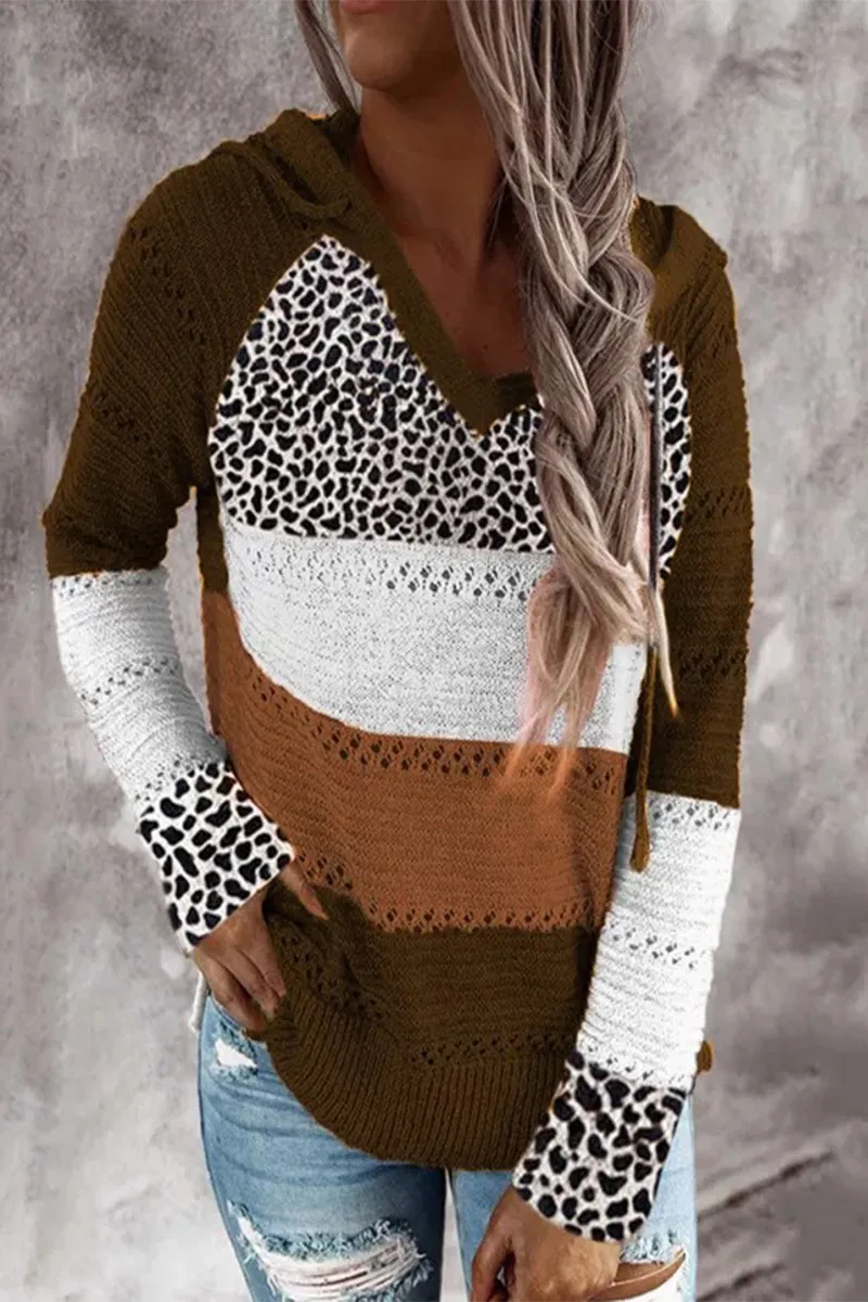 Striped & Leopard Patchwork V-Neck Hooded Sweater