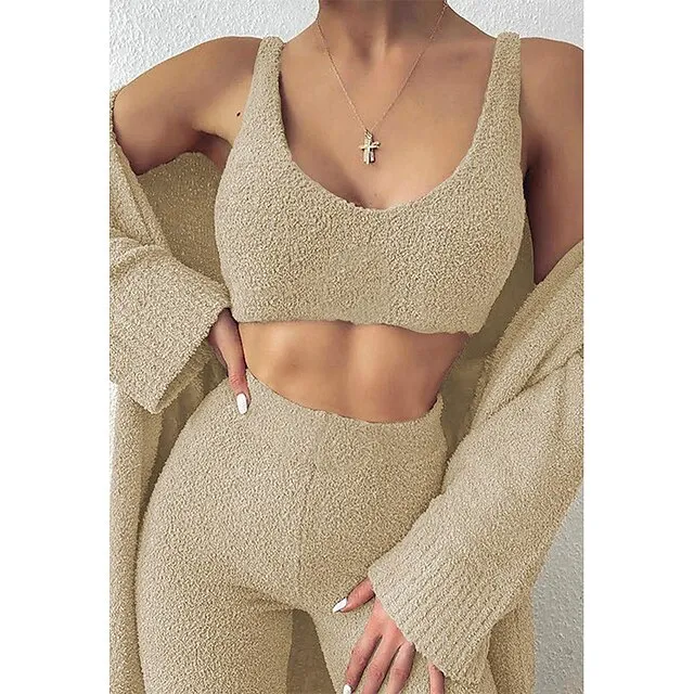 Women's Loungewear Sets Fluffy Fuzzy Sweatsuit 3 Pieces Pajama Pure Color Warm Fashion Simple Party Home Street Fleece Crew Neck Sleeveless Crop Top Pant Elastic Waist Winter Fall Black Camel
