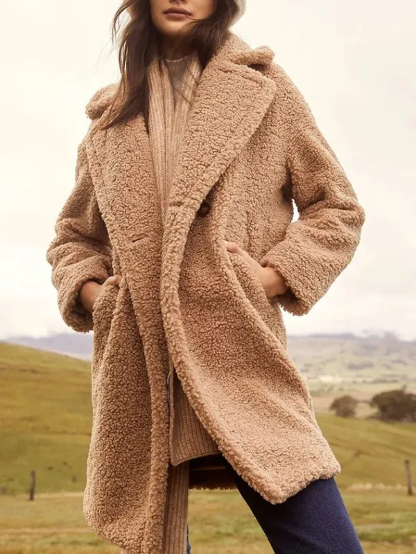 Casual Plain Shawl Collar Teddy Jacket