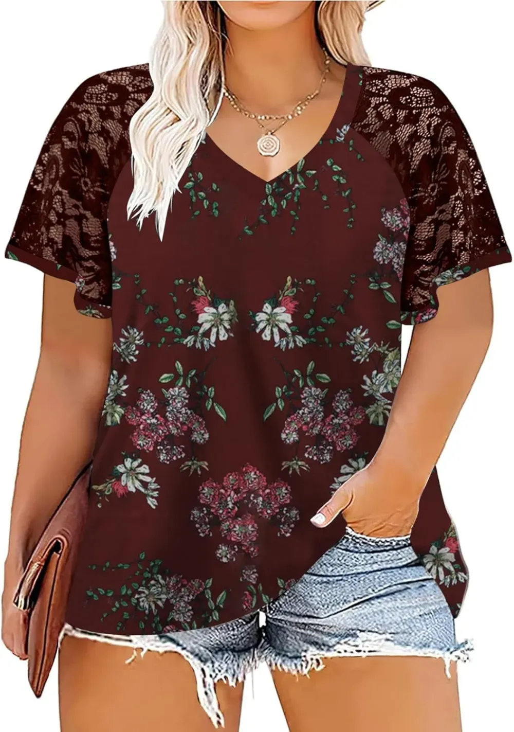 HDLTE Womens Plus Size Tops Floral Bell Sleeves Blouses Summer Crewneck Tunic Loose Casual T Shirts