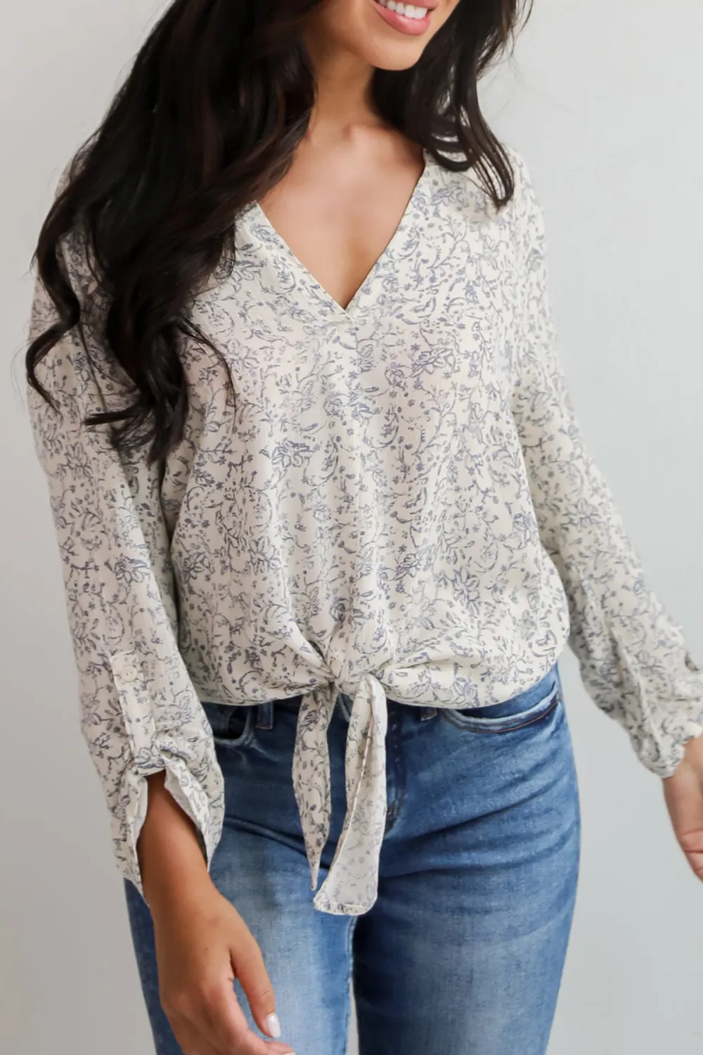 Decadently Sweet Cream Floral Tie-Front Blouse