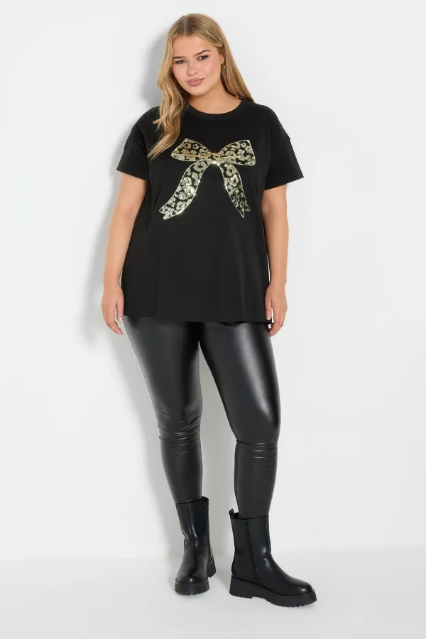 YOURS Curve Black Leopard Bow Sequin Top