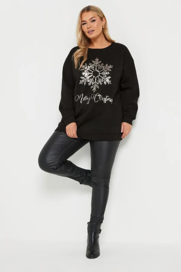 YOURS Curve Black Sequin Embellished 'Merry Christmas' Sweatshirt