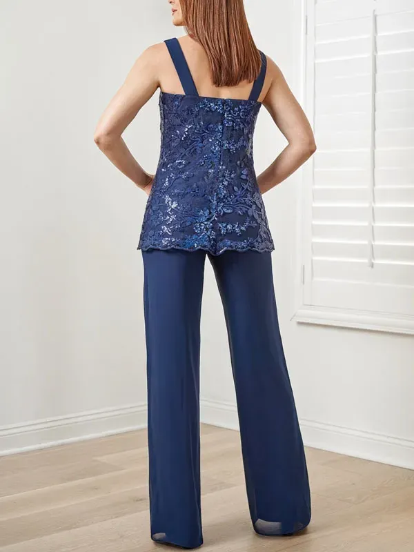 Suit Sequined Chiffon Embroidered Top + Chiffon Long Pants