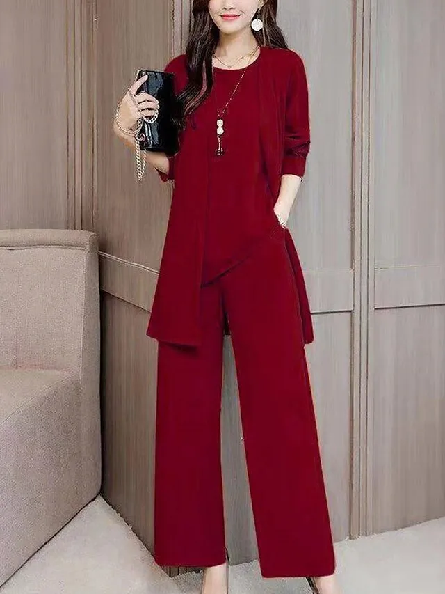 Women's Loungewear Sets 3 Pieces Pure Color Fashion Casual Comfort Street Daily Date Polyester Breathable Crew Neck Long Sleeve Pant Pocket Summer Spring Black Wine
