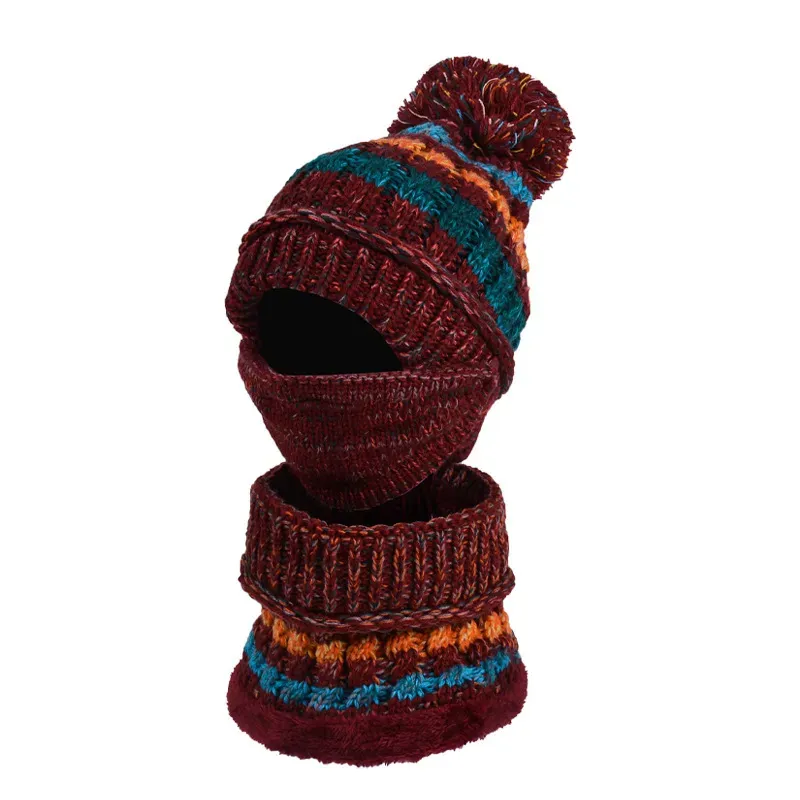 Three-Piece Fleece And Color-Block Knitted Hat, Scarf And Mask