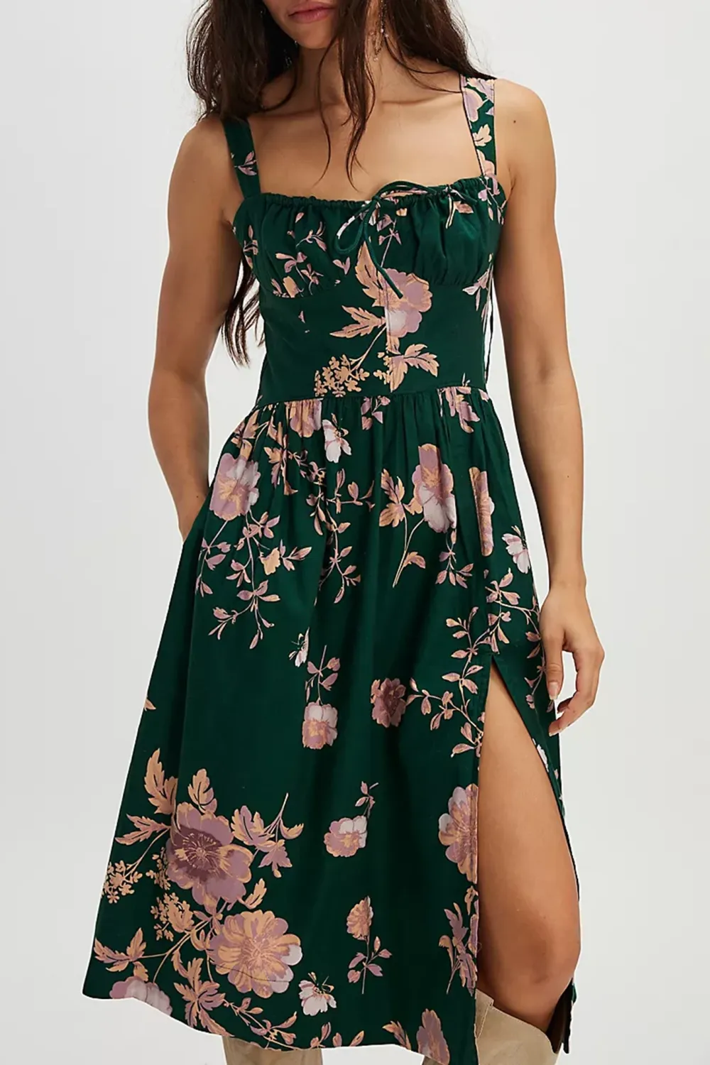 Square Neck Plaid Smocked Midi Dress