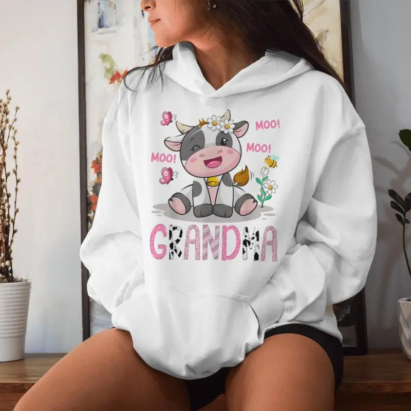 Grandma Pink Farm Cute Cow Moo Moo Birthday Girl Matching Women Hoodie